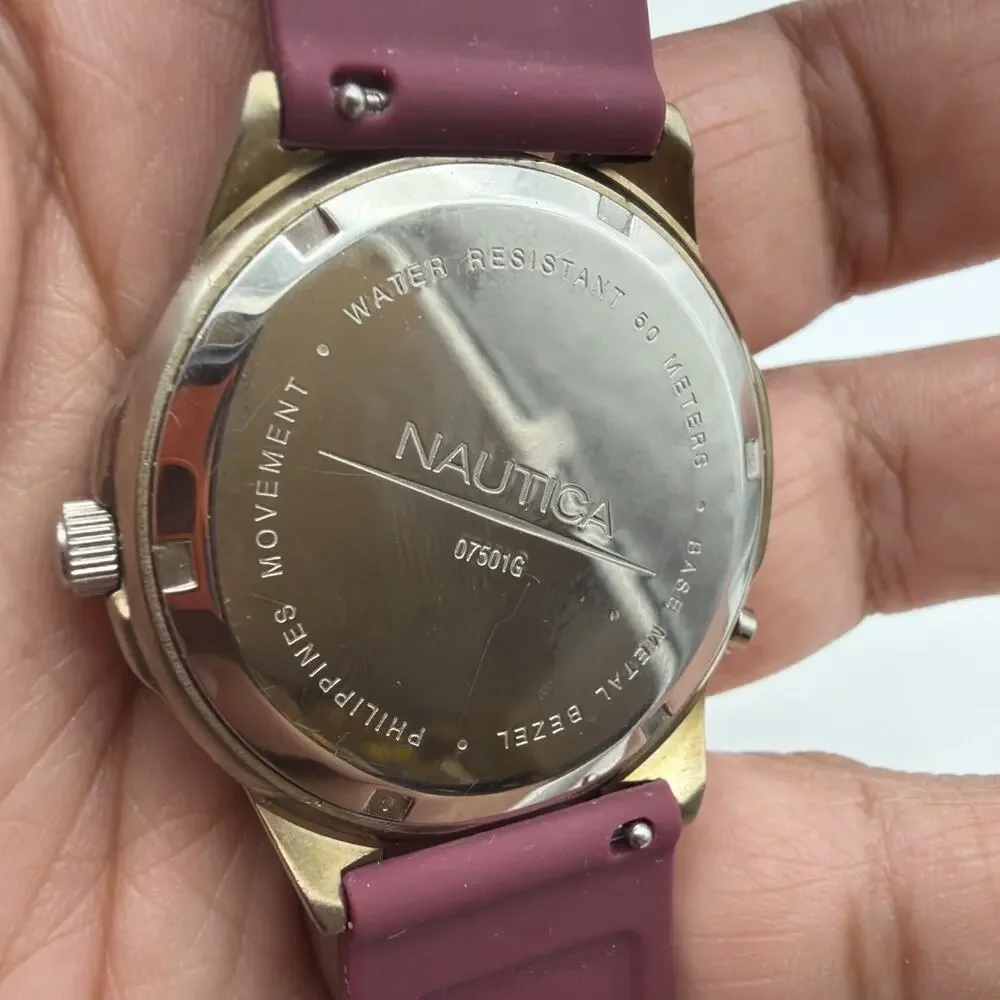 Vintage Nautica Indiglo Analog Quartz Watch New Battery Burgundy Strap